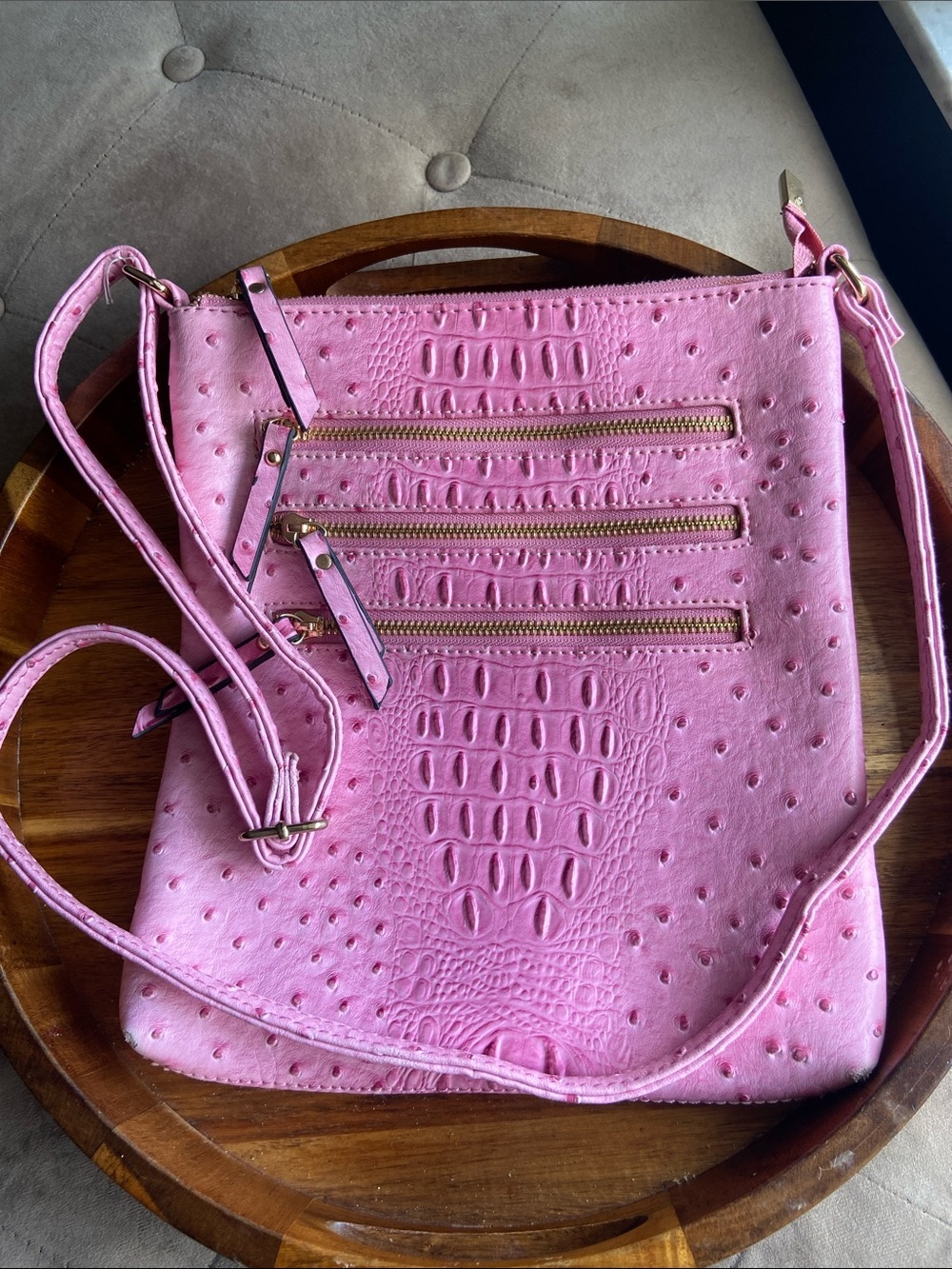 Dasein Pink Faux Ostrich Crossbody Bag with Triple Zip Pockets